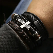 Load image into Gallery viewer, Men's leather bracelets with 'Trust in God' charm, showcasing rugged sophistication and unique style.