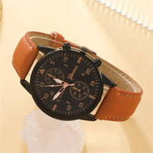 Cargar imagen en el visor de la galería, Luxury men's watch with brown vegan leather strap and black dial, showcasing quartz movement and elegant design.