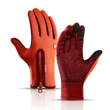 Load image into Gallery viewer, Red waterproof outdoor sports gloves with touchscreen fingertips and zipper closure, perfect for cold-weather activities.