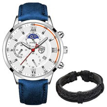 Load image into Gallery viewer, Men's casual leather watch with a blue strap and a sleek design, paired with a black braided bracelet, combining style and functionality.