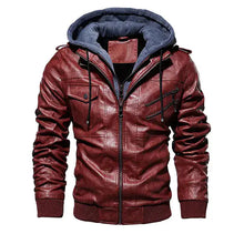 Cargar imagen en el visor de la galería, Stylish men's hooded PU leather jacket in rich burgundy, features cozy hood and imported vegan leather for ultimate comfort and style.