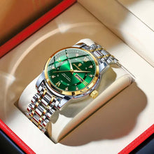 Cargar imagen en el visor de la galería, Luxury men's watch with green dial and two-tone bracelet on display