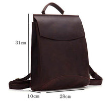Load image into Gallery viewer, The Gyda Backpack | Vintage Leather Travel Backpack with dimensions - 31cm height, 10cm depth, 28cm width. Ideal for books and gadgets.
