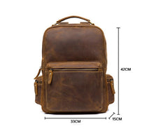 Load image into Gallery viewer, The Langley Backpack | Genuine Vintage Leather Backpack showing front view with measurements 33cm x 15cm x 42cm