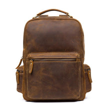 Load image into Gallery viewer, The Langley Backpack | Genuine Vintage Leather Backpack in brown crazy horse leather, showcasing its front view with multiple pockets.