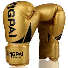 Load image into Gallery viewer, Premium gold boxing gloves crafted for performance and durability, featuring signature branding for sparring and training.