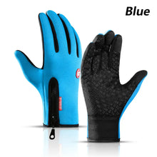 Cargar imagen en el visor de la galería, Blue waterproof winter gloves designed for phone touch; features zippered closure and textured grip for cold weather use.