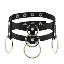 Load image into Gallery viewer, Black leather choker with silver round pendant and metal rings, stylish accessory for modern elegance and edgy fashion.