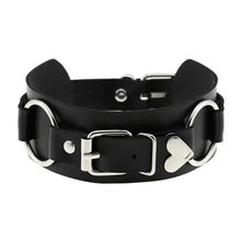 Load image into Gallery viewer, Black leather bracelet with silver buckle and heart charm, featuring metal loops and modern design.