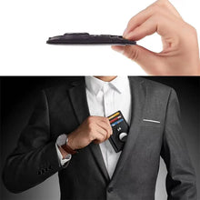 Load image into Gallery viewer, Thin minimalist leather card wallet being placed in suit pocket, showcasing sleek and compact design for organized essentials.
