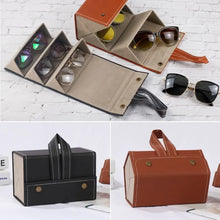 Cargar imagen en el visor de la galería, Portable eyeglasses storage case in black and brown PU leather with multi-slot design, featuring sunglasses on display.