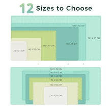 Load image into Gallery viewer, Image showing 12 different sizes of leather suede desk mats, ranging from 26x21 cm to 120x60 cm, for a versatile workspace upgrade.