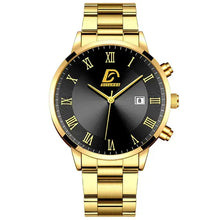 Load image into Gallery viewer, Gold minimalist men's watch with black dial and Roman numerals, featuring a sleek and sophisticated design for timeless style.