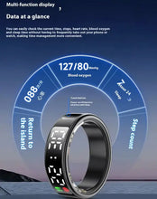 Load image into Gallery viewer, Smart ring with display screen for notifications and health tracking, showing heart rate, steps, sleep, and blood oxygen data.