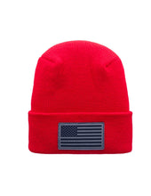 Load image into Gallery viewer, American Flag Beanie - H-Stitch Circular Knit Cuffed Beanie - Patented Design and Made in USA, red beanie with flag patch.