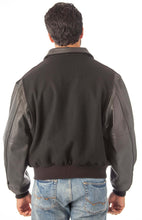 Load image into Gallery viewer, Back view of REED Executive Varsity Jacket with leather cowhide sleeves and wool body, union made in USA, worn by model.