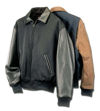 Load image into Gallery viewer, Executive varsity jacket with leather cowhide sleeves and wool body, union made in USA, showcasing a modern twist on a classic design.