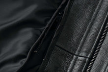 Load image into Gallery viewer, Close-up of REED Men's genuine leather bomber jacket with zipper detailing and soft inner lining.