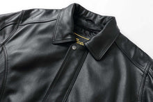 Load image into Gallery viewer, REED Men's American Style Bomber Genuine Leather Jacket, black, close-up view showing luxury and design details.