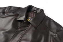 Load image into Gallery viewer, REED Men's American Style Bomber Genuine Leather Jacket, close-up of black leather material and collar design.