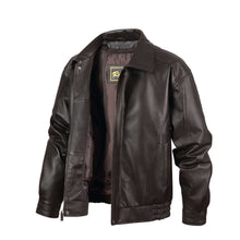 Load image into Gallery viewer, REED Men's American Style Bomber Genuine Leather Jacket - Imported, classic bomber design in dark leather, open front view