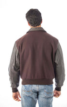Load image into Gallery viewer, Back view of a man's leather varsity bomber jacket with wool and leather design, made in USA by REED.