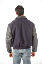 Load image into Gallery viewer, Back view of men's REED leather varsity bomber jacket with wool body and leather sleeves, showcasing classic design and craftsmanship.
