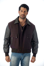 Load image into Gallery viewer, Men's REED leather varsity bomber jacket with wool body and leather sleeves, crafted in the USA for timeless style and quality.