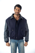 Load image into Gallery viewer, Man wearing a REED leather varsity bomber jacket with top grain leather sleeves, crafted in the USA, ideal for a stylish and timeless look.
