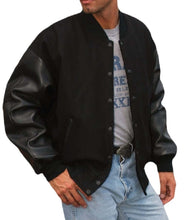 Load image into Gallery viewer, REED Men's Premium Varsity Black Leather Wool Jacket, stylish and warm, made in USA, featuring quilted lining and inside pocket.