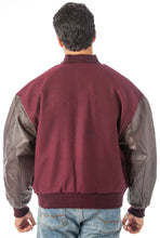 Load image into Gallery viewer, Back view of REED Men's Premium Varsity Leather/Wool Jacket in burgundy, showcasing quality craftsmanship and classic style.