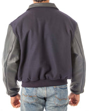 Load image into Gallery viewer, Back view of a REED men's leather varsity bomber jacket with wool body and leather sleeves, made in USA.