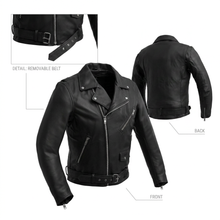 Load image into Gallery viewer, Black leather jacket with details on a white background