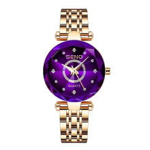 Cargar imagen en el visor de la galería, Elegant women's quartz watch with purple dial, gold stainless steel band, scratch-resistant face, and water-resistant design