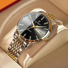 Load image into Gallery viewer, Men's stainless steel watch with a black dial and gold accents, featuring a sleek design for modern style and sophistication.
