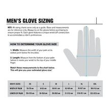Cargar imagen en el visor de la galería, Men's glove sizing chart with palm width and length measurements for size XS to XXL.