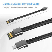 Charger l'image dans la galerie, Portable vegan leather phone cable bracelet, 8.9 inches, durable and sleek design for charging and syncing.