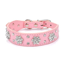 Load image into Gallery viewer, Pink adjustable leather pet collar with bowknot and crystal flower design, suitable for puppies and cats.