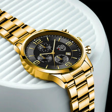 Load image into Gallery viewer, Luxury Men's Business Watch with gold bracelet, black dial, and elegant design on white textured surface.