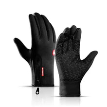 Load image into Gallery viewer, Pair of black thermal waterproof gloves with reinforced palms for outdoor activities like cycling and hiking.