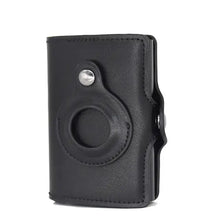 Load image into Gallery viewer, Black leather Airtag wallet money bag with secure card slots and sleek design.