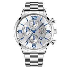 Load image into Gallery viewer, Luxury men's business watch with silver band and blue accents, perfect for professionals seeking timeless elegance and style.