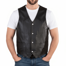 Load image into Gallery viewer, Man wearing a black leather vest over a white shirt on a white background