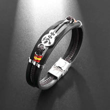 Cargar imagen en el visor de la galería, Classic Hand Woven Multi-Layered Vegan Leather Bracelet in Black with Musical Motif, Sleek Design for Men's Elegant Style.