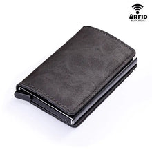 Cargar imagen en el visor de la galería, RFID Lock Vintage Automatic Leather Credit Card Holder made of vegan leather, featuring a sleek design with RFID blocking technology.
