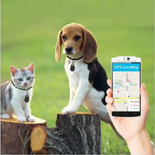 Load image into Gallery viewer, Dog and cat with GPS trackers on collars, app showing real-time location tracking, ensuring security and connectivity for pets.