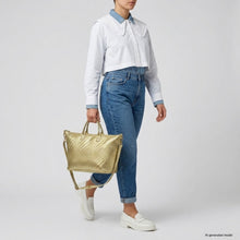 Cargar imagen en el visor de la galería, Italian Genuine Basketweave-Embossed Metallic Suede Top-Handle Bag | Treviso