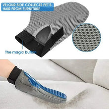 Load image into Gallery viewer, Amazing Grooming Gloves with dual-sided design for easy pet hair removal from furniture, featuring velour side and comfortable fit.