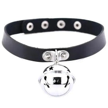 Load image into Gallery viewer, Sleek black leather choker with a shiny silver round pendant, featuring adjustable snap buttons for a modern, elegant look.