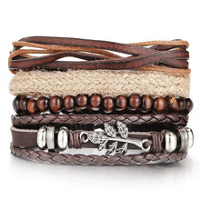 Load image into Gallery viewer, Multilayer leather bracelet with wooden beads and silver accents, showcasing rugged elegance and high durability.